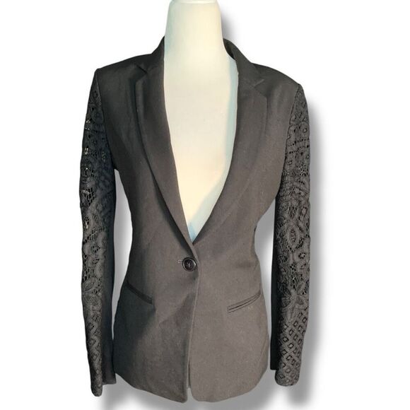BCBGMAXAZRIA Keanu Black Lace Sleeve Sheer Back Tailored Hourglass Blazer Jacket - Picture 12 of 12